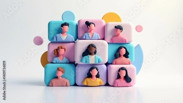 Obraz A 3D icon of a video call grid with tiny faces, modern remote work communication style .