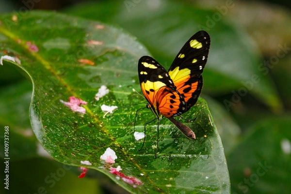 Fototapeta A graceful butterfly is elegantly basking in the warm sunlight on a green leaf