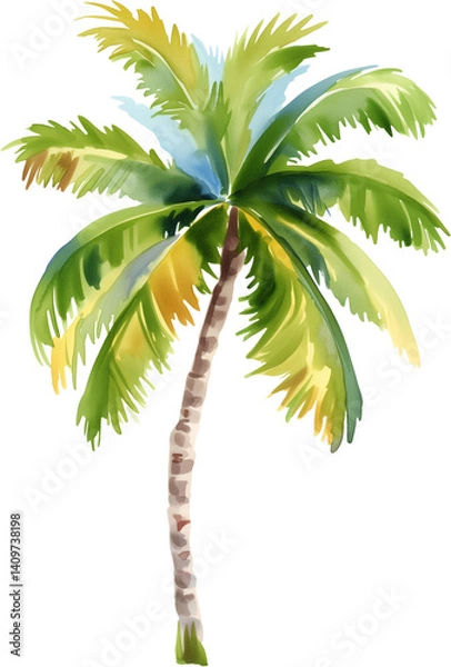 Fototapeta Coconut palm tree watercolor painting isolated on transparent background.