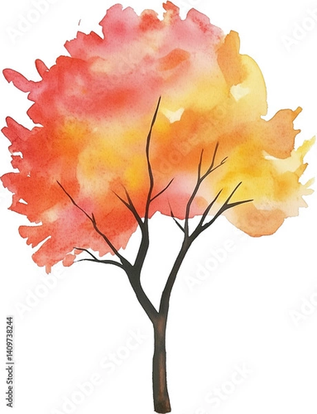 Fototapeta autumn tree watercolor painting isolated on transparent background.