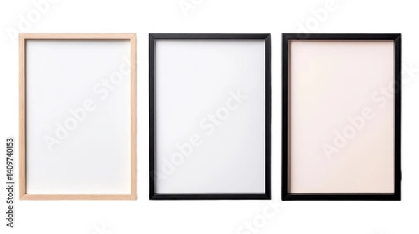 Fototapeta Framed Artwork Showcase: Three empty frames stand ready to display art, each with a distinct color and design, providing a versatile backdrop for creative expression.