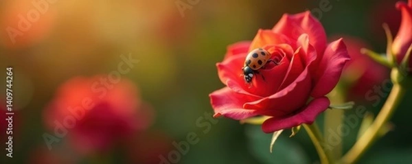 Fototapeta Close-up of ladybug crawling on a rose, closeup, insect