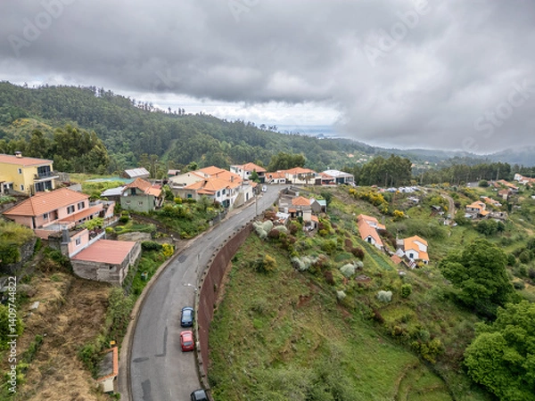 Fototapeta Aerial view in Camacha mountainous town in municipality of Santa Cruz, Madeira Island, Portugal