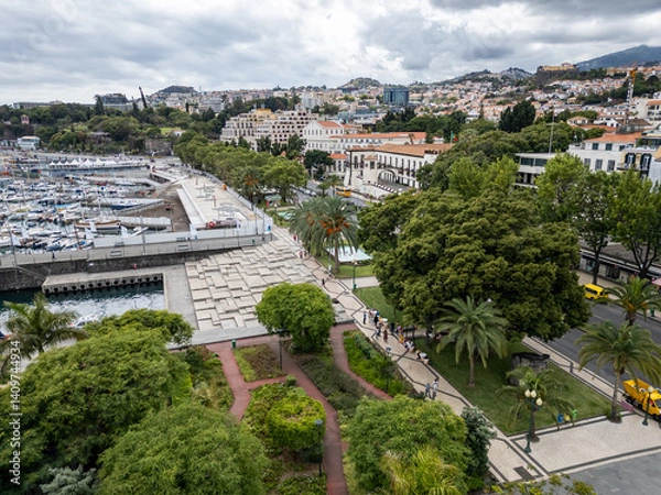 Fototapeta Drone photo in Funchal, capital of Madeira, Portugal. View with Palace of Saint Lawrence