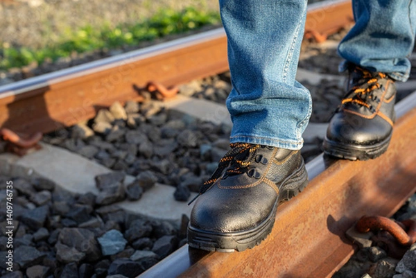 Fototapeta Close-up of engineer's feet walking on railroad tracks