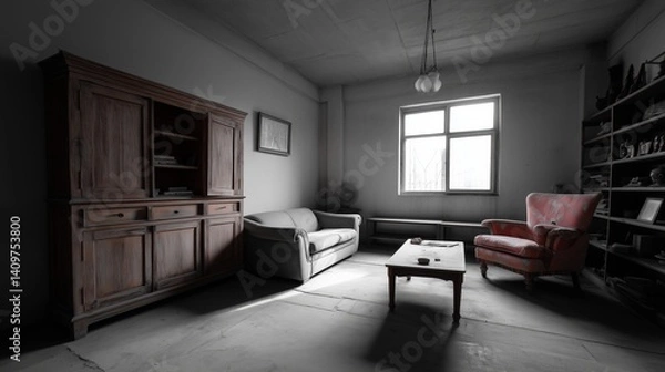 Fototapeta Empty living room with vintage furniture and natural light through window. anhedonia concept symbolizing emotional numbness, anhedonia, loss of joy 