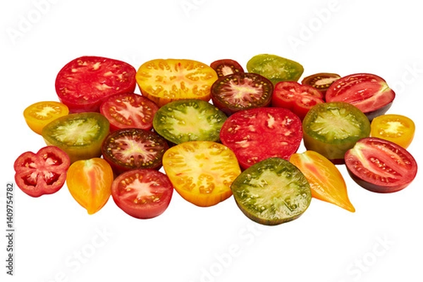 Fototapeta Colorful raw tomatoes cut in half: red, yellow, green, brown and orange. Ripe and juicy. Close-up side view on white background