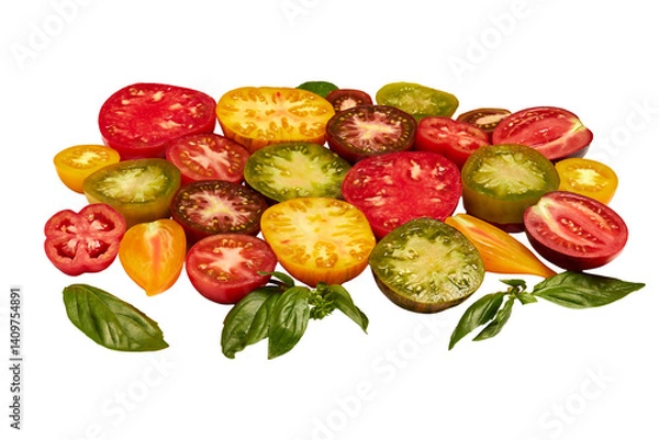 Fototapeta Colorful raw tomatoes cut in half: red, yellow, green, brown and orange. Ripe and juicy tomatoes with basil leaves on white background. Close-up side view