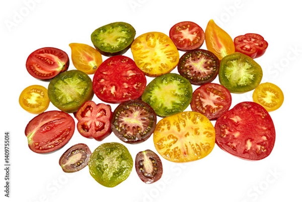 Fototapeta Colorful raw tomatoes cut in half: red, yellow, green, brown and orange. Ripe and juicy. Close-up view from the top on a white background