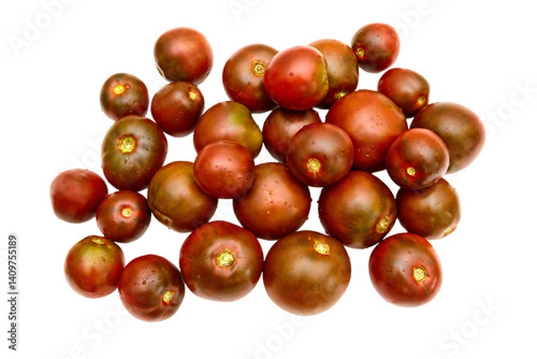 Fototapeta Red round raw tomatoes: ripe and juicy with small drops of water on the skin. Close-up view from the top