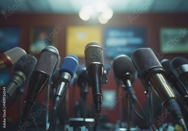 Obraz Collection of Microphones for Press Conference or Interviews Setup