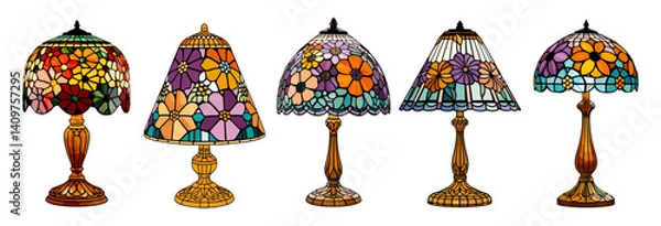Fototapeta Set of vintage table lamps with floral colorful design. vector art illustrations isolated 