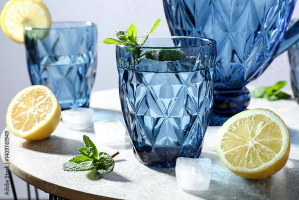 Obraz Blue faceted jug and glasses filled with water