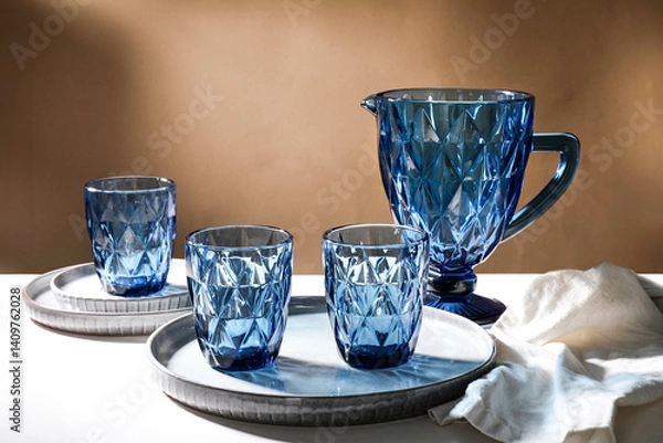 Obraz Blue faceted jug, glasses and plate