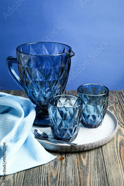 Obraz Blue faceted jug, glasses and plate