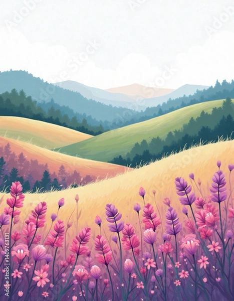 Obraz Bright illustration of spring landscape with colorful wildflowers, hills, trees and blue mountains. Illustration for children's book, postcards, cards. Generated by AI