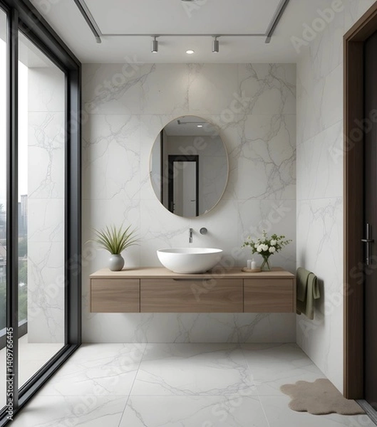 Fototapeta Modern interior, minimalist bathroom space with simple ceramic sink and simple mirror, minimalist interior 