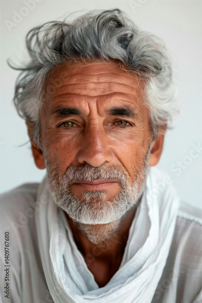 Fototapeta AI-generated photo of a handsome Arabian mature man with gray hair looking at a camera.  Close up portrait