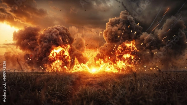 Fototapeta Massive explosion with multiple fireballs and towering smoke clouds erupting across dry grassland. Dramatic sunset sky glows orange as embers and debris scatter through darkening atmosphere