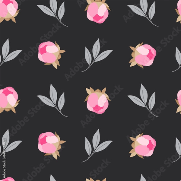 Fototapeta Pattern with flowers and leaves on a dark background. Printing on textiles, clothes and wrapping paper.