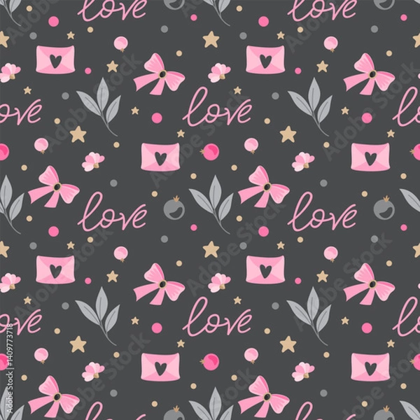 Fototapeta Seamless pattern with words Love and romantic elements. Printing on textile and paper.