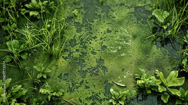 Fototapeta Vibrant pond ecosystem with emerald duckweed and aquatic plants surrounding calm water. Various green foliage emerges from the surface, creating a lush wetland habitat rich with biodiversity
