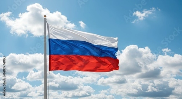 Fototapeta Majestic Russian Flag billowing in the Wind Against a Blue Sky with Fluffy Clouds