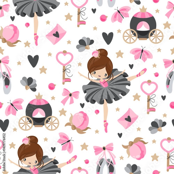 Fototapeta Vector Pattern with cute ballerina and flowers, kids pattern design for girls.