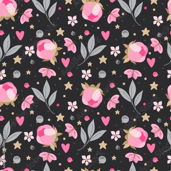 Fototapeta Seamless pattern with flowers, flowers and butterflies. Hand drawn vector illustration.