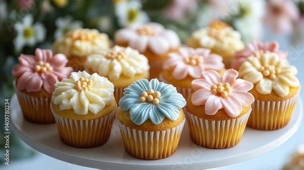 Obraz Colorful cupcakes with elegant floral frosting decoration on white stand, soft pastel buttercream flowers for spring or summer celebrations