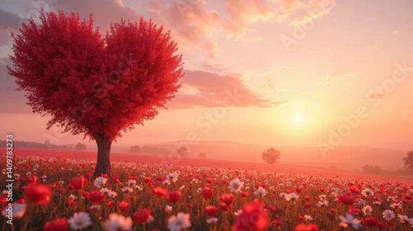 Fototapeta vibrant heart shaped tree stands amidst field of colorful flowers, illuminated by warm sunset. scene evokes feelings of love and tranquility