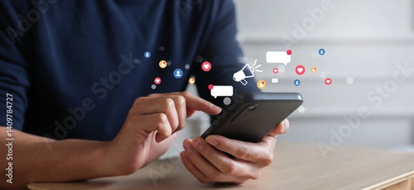 Fototapeta close up businessman hand use smartphone to work about futuristic of social media and business on online marketing with icon for internet network technology and business concept