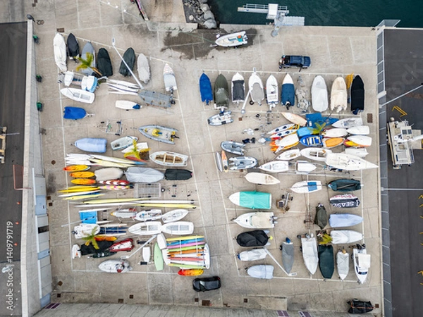 Fototapeta Aerial view of quay in marina in Funchal city, capital of Madeira Island, Portugal