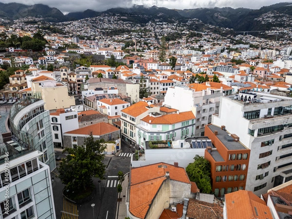 Fototapeta Drone view of a center of Funchal city, capital of Madeira Island, Portugal
