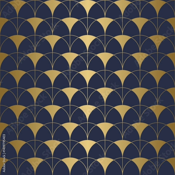 Fototapeta Art Deco fan pattern in gold on dark blue. Elegant, geometric, repeating design with curved lines and semi-circles.