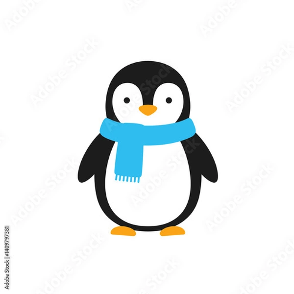 Fototapeta Adorable penguin wearing a blue scarf icon for children's books, winter themes, and joyful designs