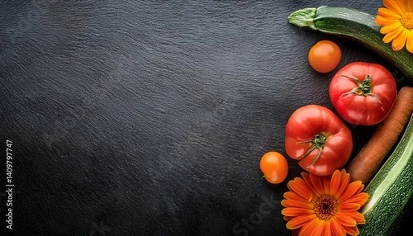 Fototapeta Top view of red tomatoes, zucchini, carrots and calendula on black slate stone background with copy space. Generated image
