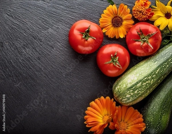 Fototapeta Top view of red tomatoes, zucchini, carrots and calendula on black slate stone background with copy space. Generated image