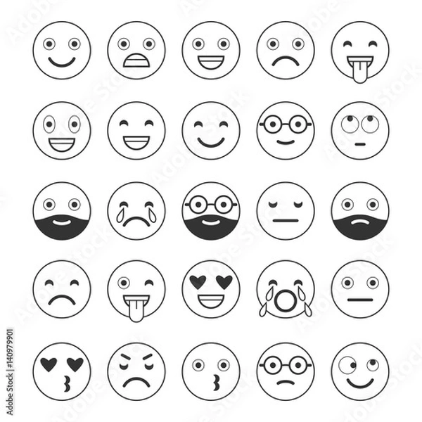 Fototapeta Black and white linear flat icons of emoticons. Smile with a beard, different emotions, moods.