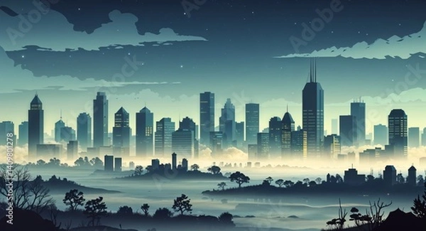 Fototapeta city skyline in night fog 3d render scene video game concept background illustration digital artwork