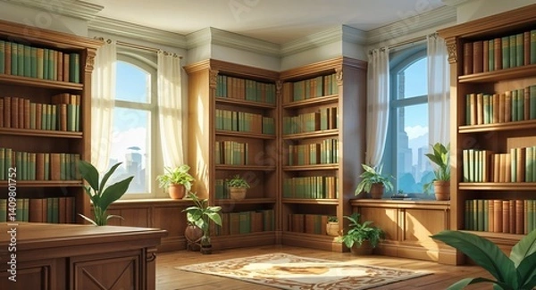 Fototapeta corner library with soft lighting 3d render scene video game concept background illustration digital artwork