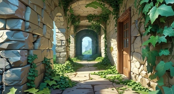 Obraz crumbling hallway ivy stone passage 3d render scene video game concept background illustration digital artwork