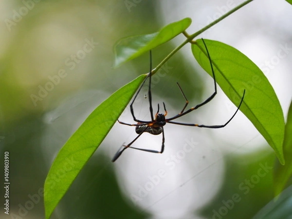 Fototapeta Large spider hanging from green leaves in a tropical forest with blurred background