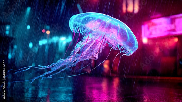 Obraz Bioluminescent jellyfish floating in neon-lit rainy night city with blue and pink reflections on wet pavement