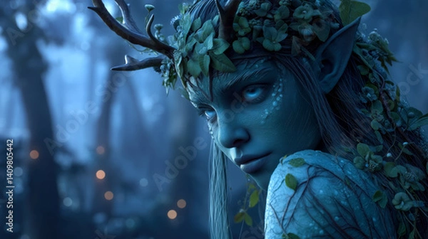 Obraz Blue Forest Spirit with Antlers and Glowing Eyes Adorned with Green Plants