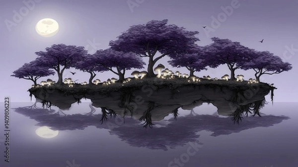 Obraz Floating island with purple trees and glowing mushrooms under full moon with reflection