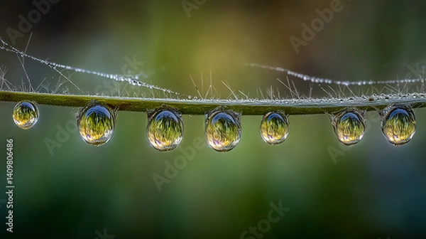Obraz Row of water droplets on green plant stem with field reflections and bokeh background