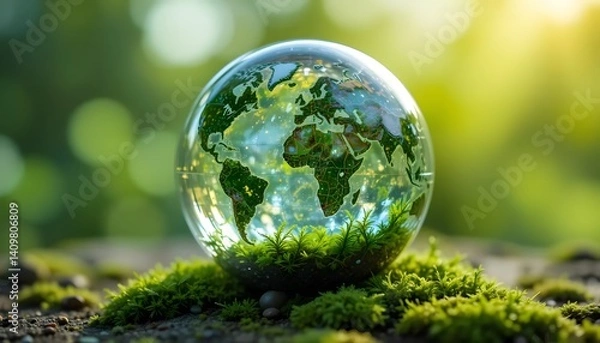 Fototapeta Sustainability. Crystal globe glass on green moss in forest to protect nature Save and care World for sustainable. concept of the environment ecology and Earth Day.