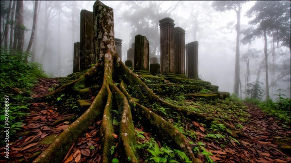 Obraz Moss-covered ancient stone ruins in misty forest with exposed tree roots and fallen leaves