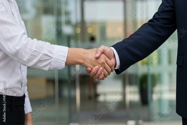 Fototapeta Business handshake exchanging agreements in modern office  